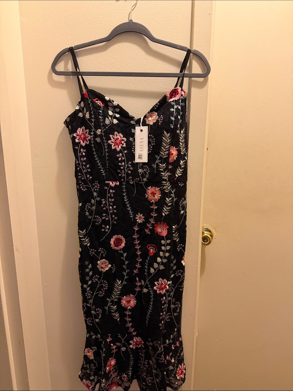 Siena Studio Black Midi Dress with Pink & Red Floral Embroidery